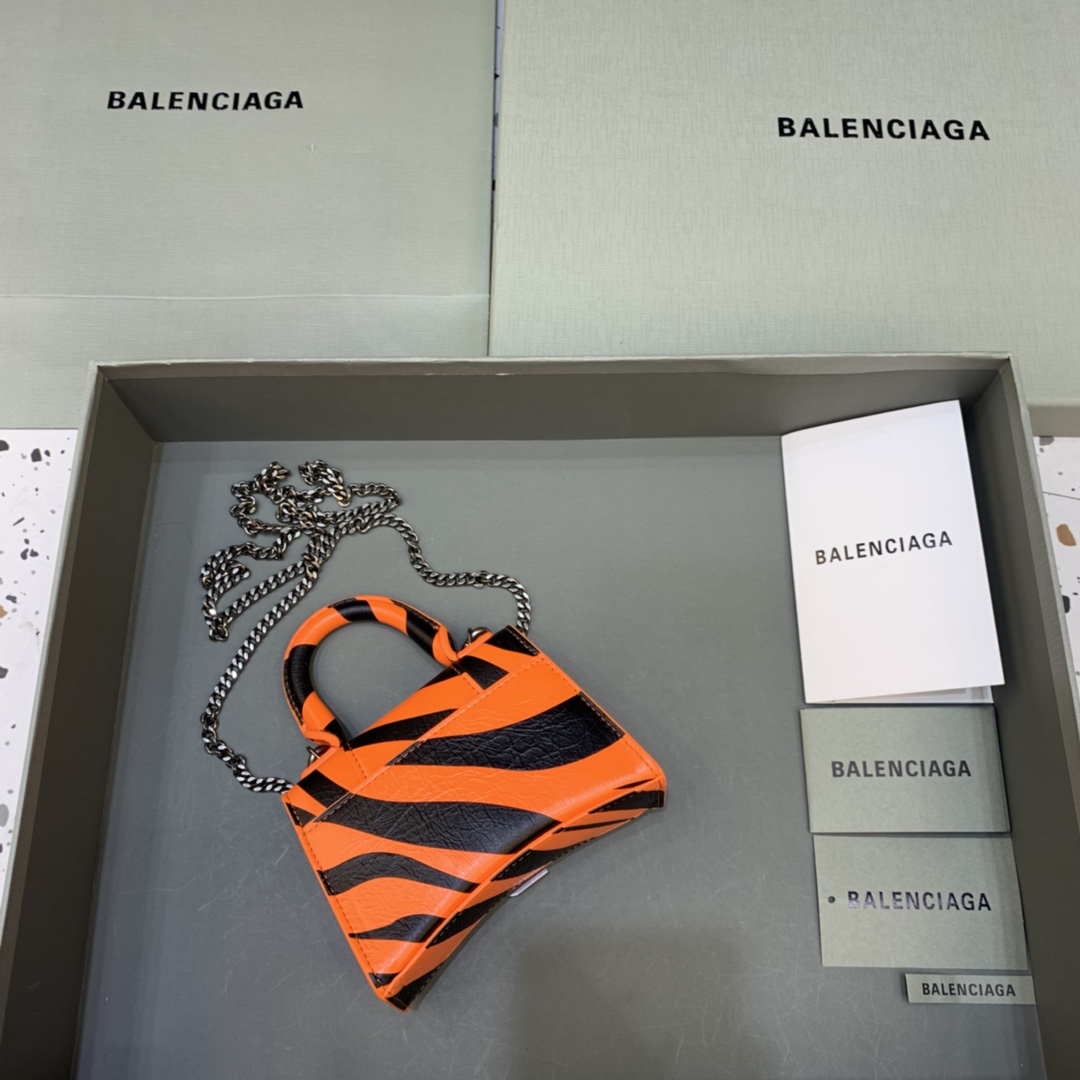 Balenciaga Hourglass Mini Handbag With Chain Calfskin Shoulder Bag Orange